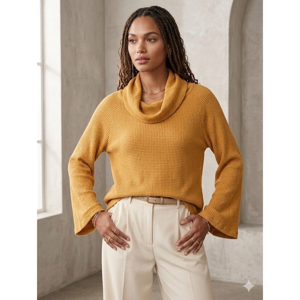 Anthropologie Maeve Sweater S Vanna Cowl Neck Flared Sleeves Ribbed Yellow